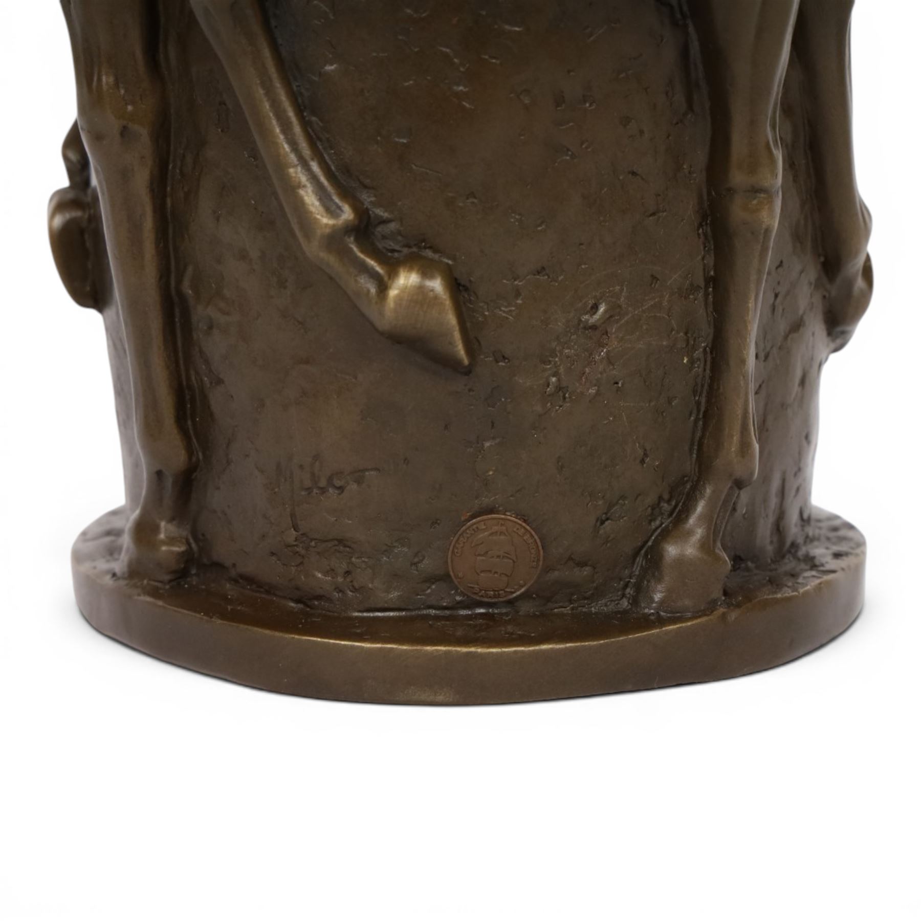Bronze vase, of tapering cylindrical form, cast with the forms of four prancing horses, signed Milo and with foundry mark, H25cm D19cm