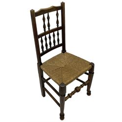 Collection of chairs - five 19th century elm spindle back chairs with rush seats; two chapel chairs (7)