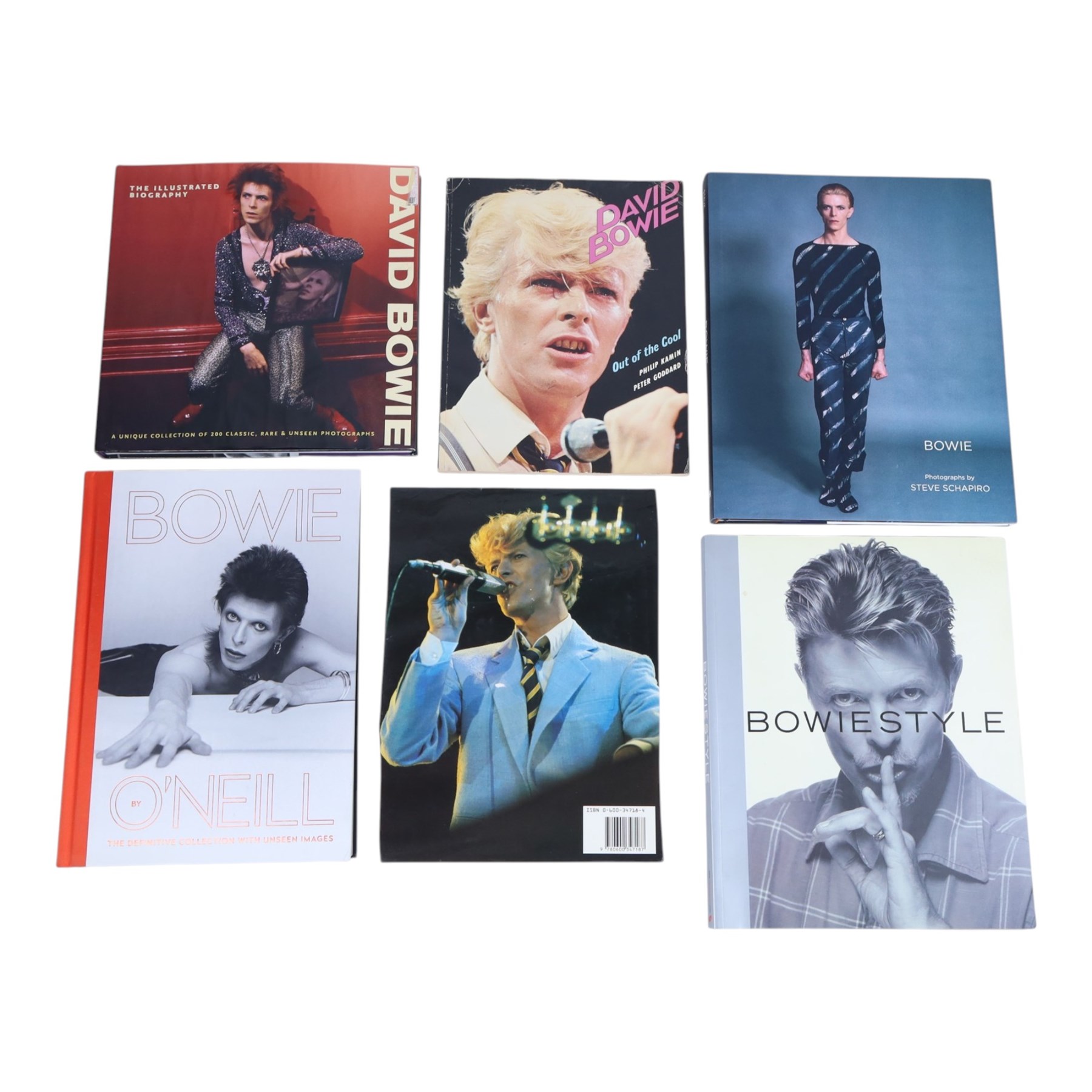 Five David Bowie books, to include 'Bowie - The Definitive Collection with Unseen Images' by Terry O'Neill, 'Bowie' by Steve Schapiro, 'Bowie - The Illustrated Biography' and two others