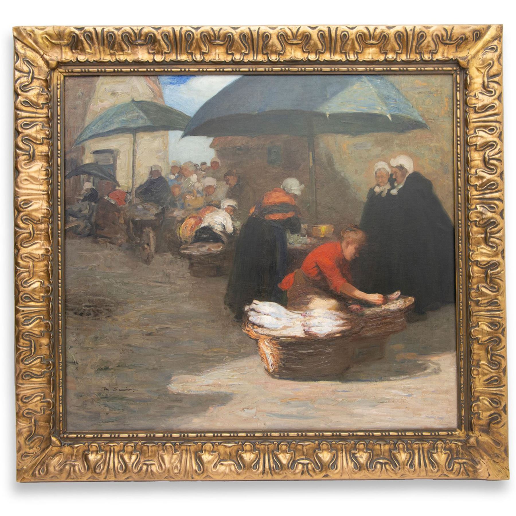Mark Senior (Staithes Group 1864-1927): A Flemish Fishmarket, oil on canvas signed 90cm x 99cm 
Provenance: formerly in the collection of Mrs M.V. Hudson, the artist's daughter; Sotheby's London 10th May 1989 Lot 9; Christie's London 22nd November 1994 Lot 133; Christie's London 23rd November 2017 Lot 112. 
Exh. Royal Academy 1907, no. 886; exh. 'Mark Senior 1862-1927', Elizabethan Exhibition Gallery, Wakefield, 16th April - 2nd July 1983, no. 57. 
Notes: the Wakefield catalogue entry reads: 