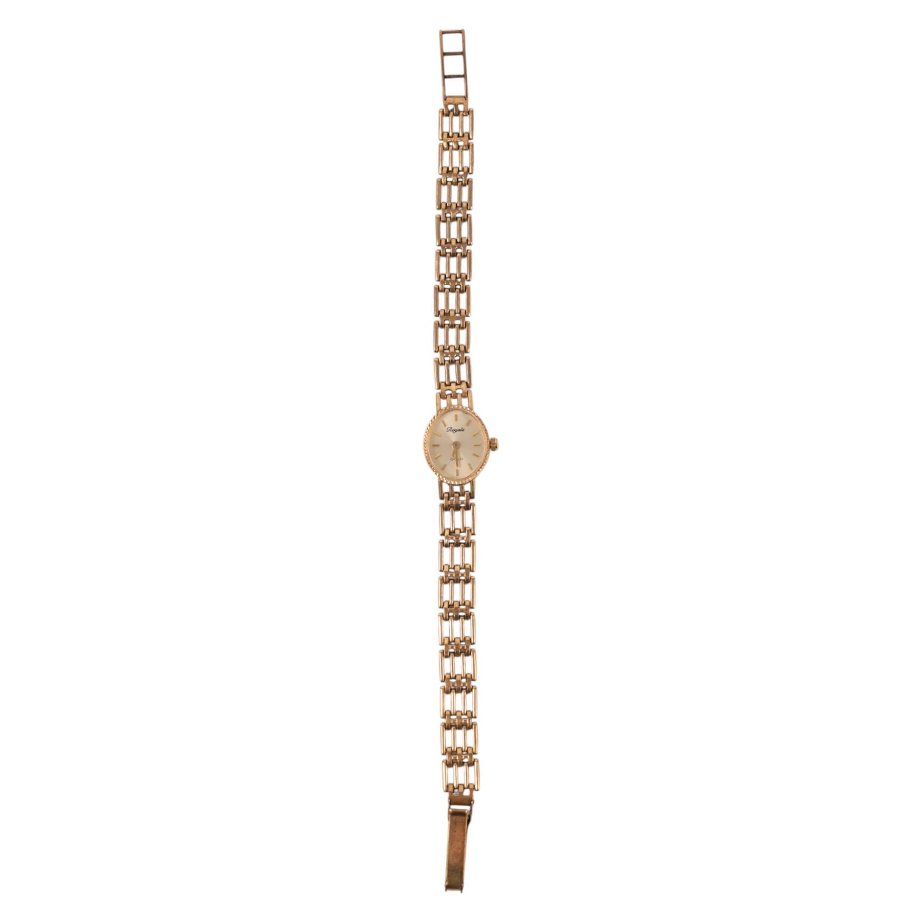 Royale ladies 9ct gold quartz wristwatch, on integral 9ct gold bracelet, hallmarked