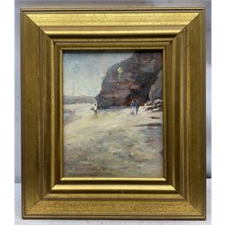 Michelle Saunders (British 1963-): 'The Yellow Kite - Whitby Beach', oil on board signed, titled verso 24cm x 19cm