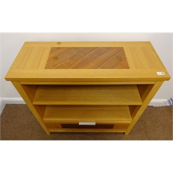 Hardwood media centre, adjustable shelf above single drawer, stile supports, W90cm, H92cm, D36cm  