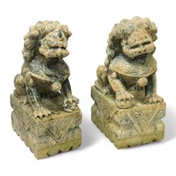 Pair of Chinese hardstone carved Foo dogs, each finely carved seated on rectangular plinth bases with detailed manes, collars and bells, the male with paw resting on a ball, the female with cub, in mottled green stone resembling jade