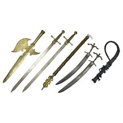 Near pair of short swords each with slightly curving 41cm fullered steel blade and all brass H-shaped hilt L52cm overall; plaited black leather whip; and reproduction pair of brass hilted swords, brass halberd blade and mace (7)