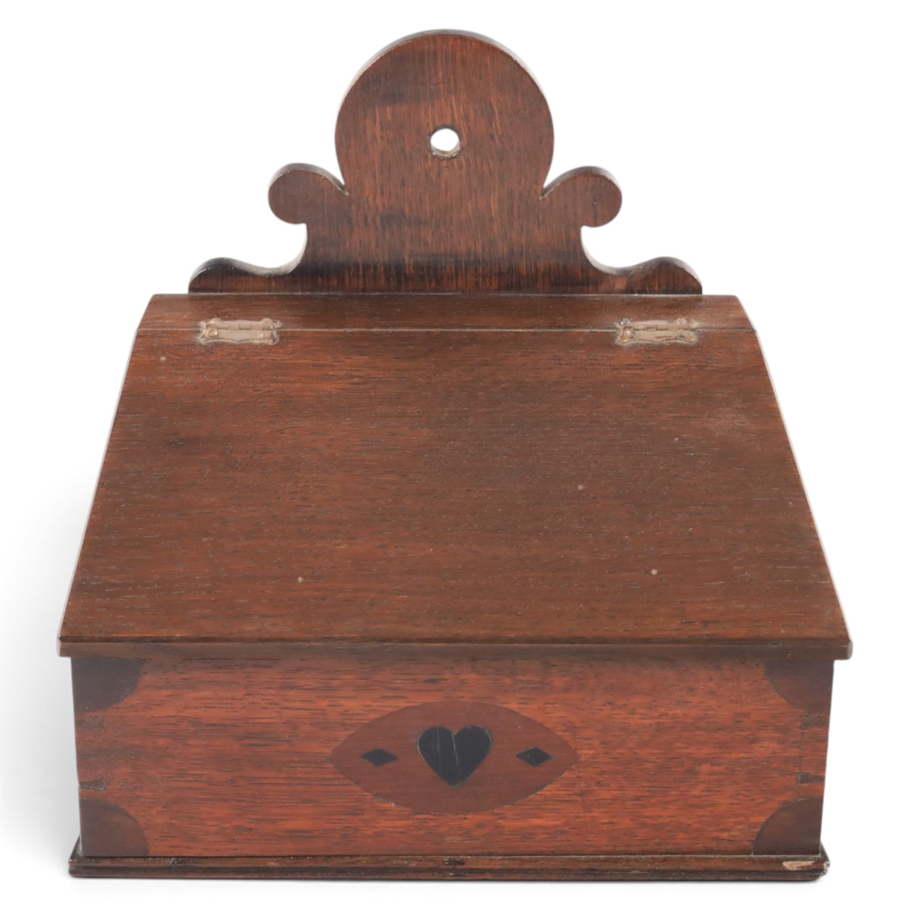19th oak candle box, of rectangular form with hinged lid, the front with inlaid heart decoration, H25cm  