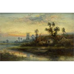 William Langley (British 1852-1922): River Scene with Church and Cottages at Sunset, oil on canvas signed 39cm x 59cm