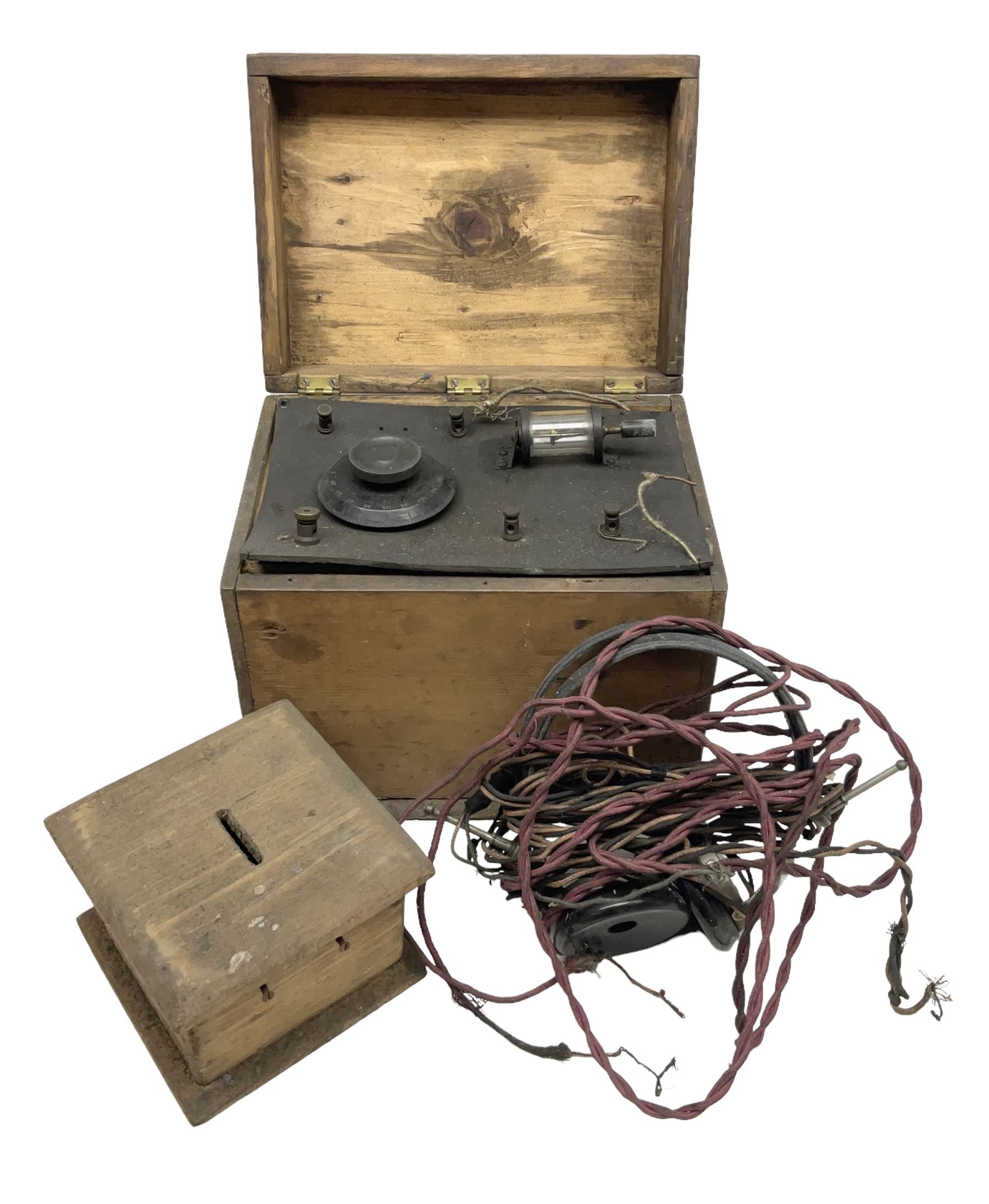 Crystal radio set, housed in pine case with headphones