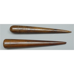  Victorian sailor's oak Fid, of typical tapering form with single line decoration, L42cm and a teak Fid with twin line decoration, L39cm (2)  