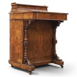 Victorian burr walnut Davenport, with hinged stationary top and slope, pull out writing su...