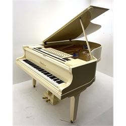 Julius Bluthner of Leipzig, Germany - Boudoir Grand Piano in cream lacquered finish with an open lattice music desk, original patent Bluthner action, recently restored and re-strung with new tuning pins, hammer heads and damper felts, re-sprayed iron frame  and re-furbished wooden soundboard with manufacturers decal and traditional 