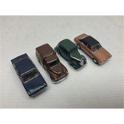 Over forty 1:76 scale die-cast models of cars and commercial vehicles; some boxed; and eight small scale models of motorcycles; all unboxed