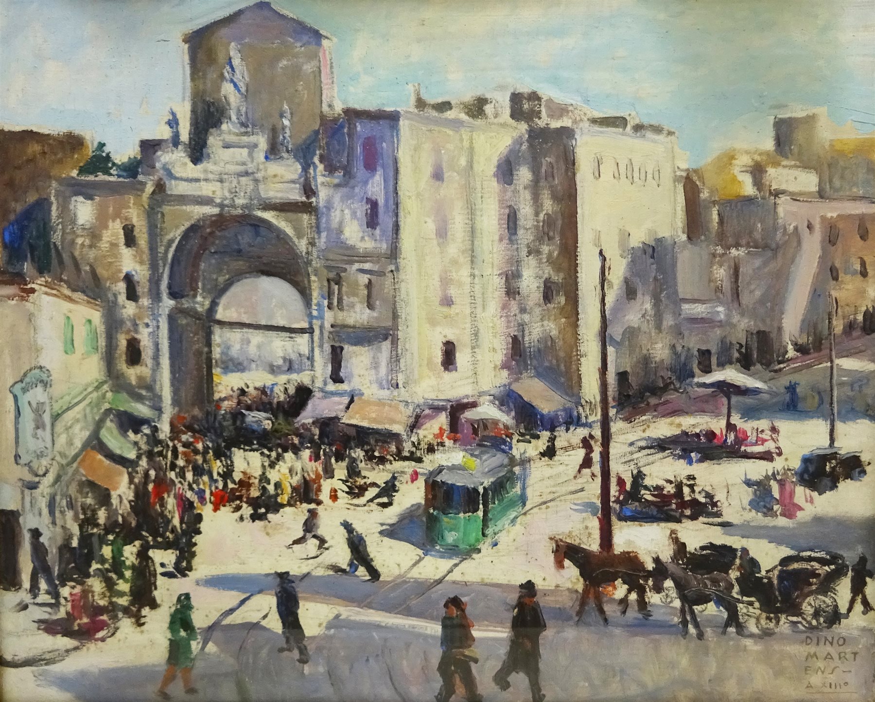 Dino Martens (Italian 1894-1970): 'Porta Capuana Napoli', oil on panel signed, titled verso 37cm x 45cm
Notes: Martens is better known as the 'Oriente' glass designer for Aureliano Toso

