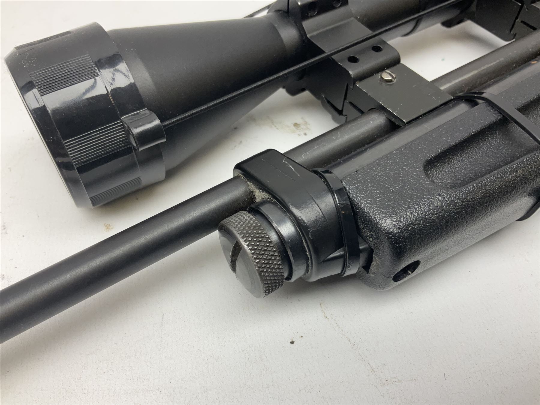 Crosman Air Guns Model 2250B .22 CO2 air rifle, with sound moderator, VLife 3-9 x 40 telescopic sight and Model 1399 Custom skeleton stock, serial no.700B25270, L91cm; with quantity of CO2 gas canisters, 