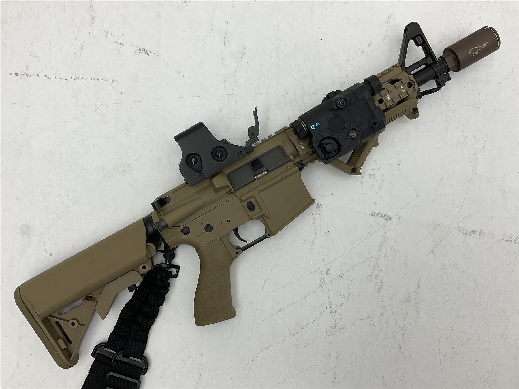 Combat Machine lithium battery powered airsoft BB rifle, 'Complete AEG Series' to fire 5mm pellets, with adjustable length stock L69cm non-extended; with six magazines, Trijicon ACOG red dot telescopic sight, battery charger etc (NO BATTERIES)