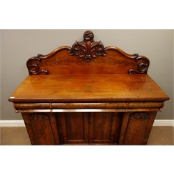  Small Victorian mahogany sideboard, raised figured book matched back with carved scroll mounts, three drawers above double and two single cupboards, plinth base, W152cm, H145cm, D56cm  