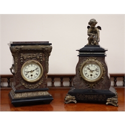  Victorian style black slate and simulated marble mantle clock with gilt metal Cupid figure and mounts enclosing a modern brass key wind movement H38cm and another similar with rams head and fruiting vine mounts (2)  