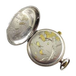 Late 19th century continental silver open face keyless minute repeating pocket watch, plunge repeat to the side, the case stamped 0.935, numbered 2594210 and impressed with a makers mark of an open hand, the inner dust cover with applied gold work depicting birds swimming along a river bank under a tree