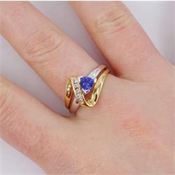 14ct white and yellow gold trillion cut tanzanite and round brilliant cut diamond crossover ring, stamped