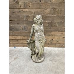 Pair of cast stone garden dogs and 2 female figures,