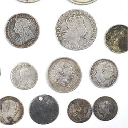 Collection of George III and later silver coinage including George III 1816 and 1818 silver shilling, Frederick II the Great 1765 six-Groschen, Catherine II 1768 Grivennik coin and others (19)
