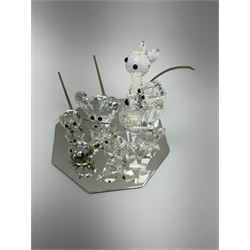Swarovski crystal cat, dog, two mice and two chicks on display mirror