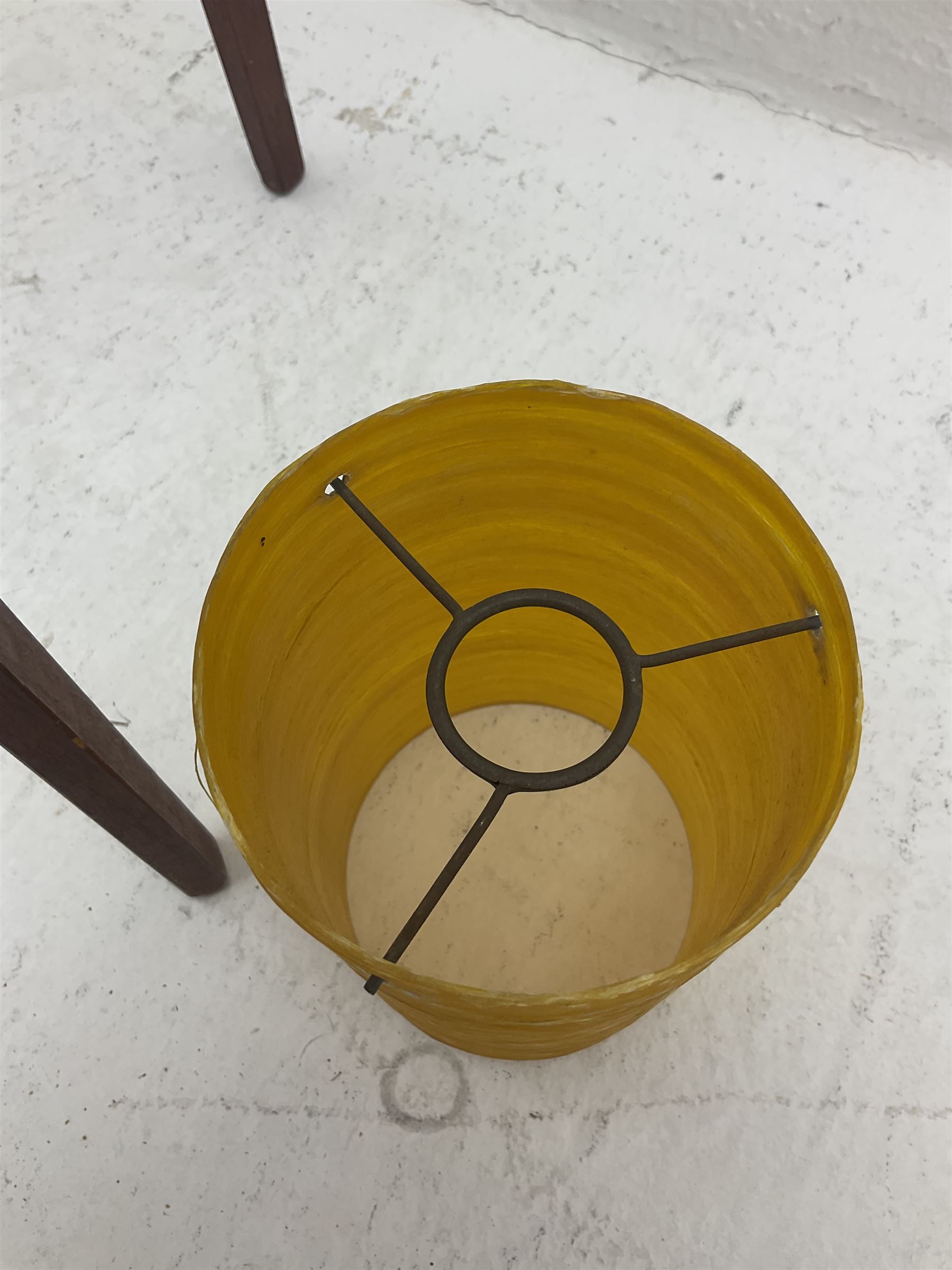 Mid century floor standing rocket lamp, the spun cylindrical orange fibreglass shade supported by three tapering teak legs, together with a matching small cylindrical shade, lamp H112cm