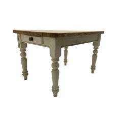 Traditional pine kitchen table with white painted base, rectangular top over single drawer, raised on turned supports