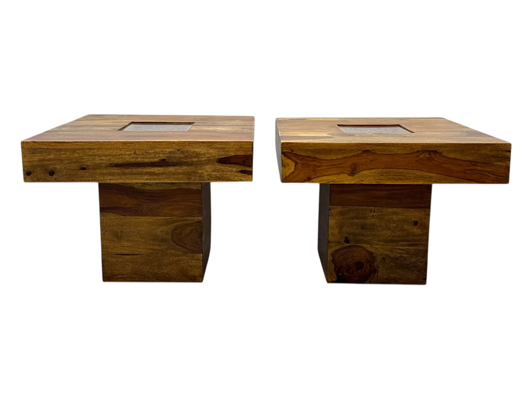 Pair of contemporary hardwood occasional tables, square tops with central recessed acrylic panels, on block pedestal bases