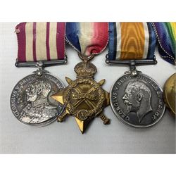 WW1 British Royal Navy Campaign and Royal Naval Fleet Reserve Long Service and Good Conduct group of five medals comprising British War Medal, 1914-15 Star and Victory Medal awarded to SS.113274 J.W. Baines Sto.1 R.N.; Naval general Service Medal to J.W. Baines Sto.1 N.B.; and Royal Fleet Reserve Long Service and Good Conduct Medal to SS.113274 (Dev. B.7397) J.W. Baines Sto.1 R.F.R.; all with ribbons