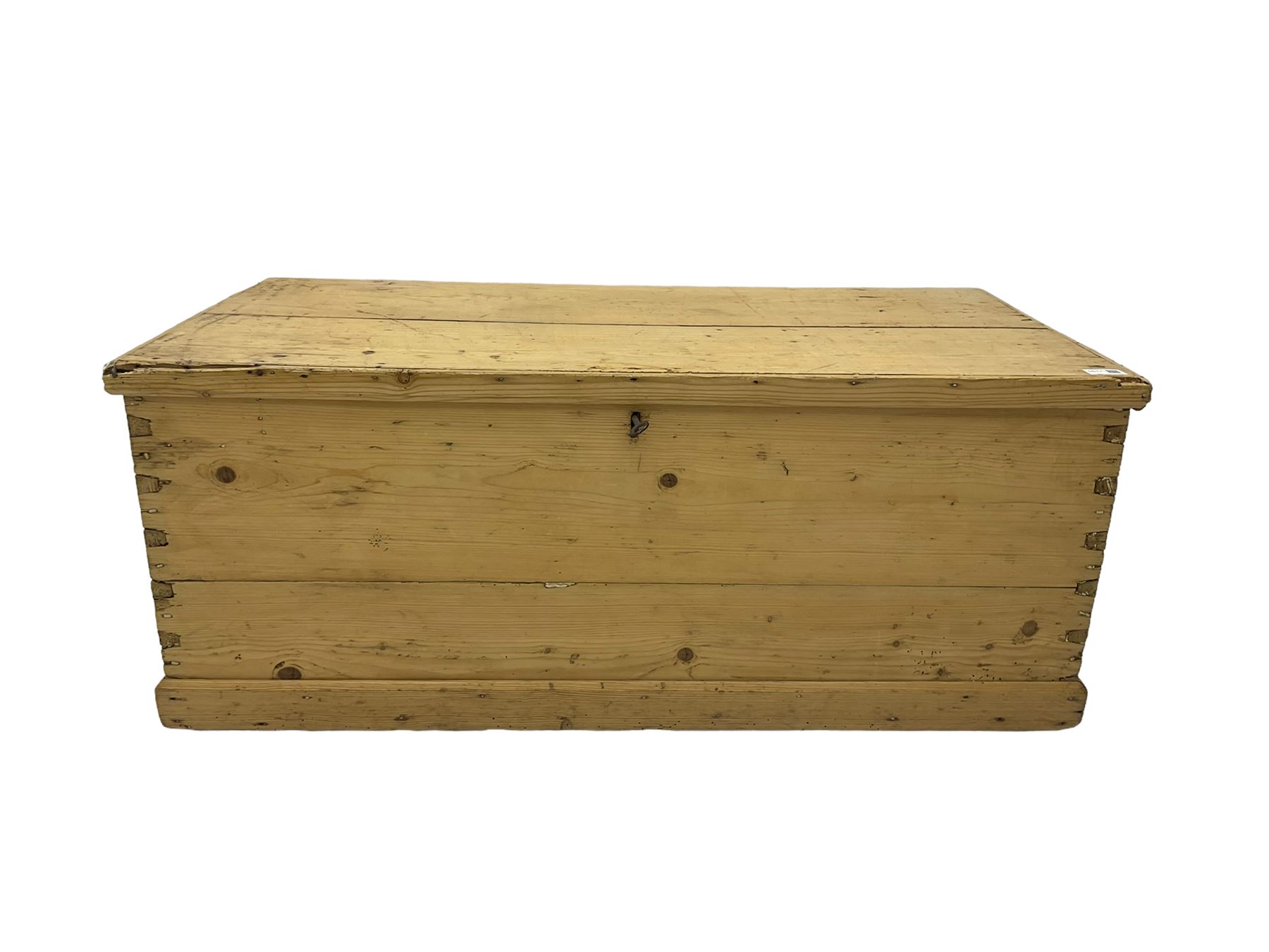 Victorian pine blanket box, hinged lid, with metal carrying handles