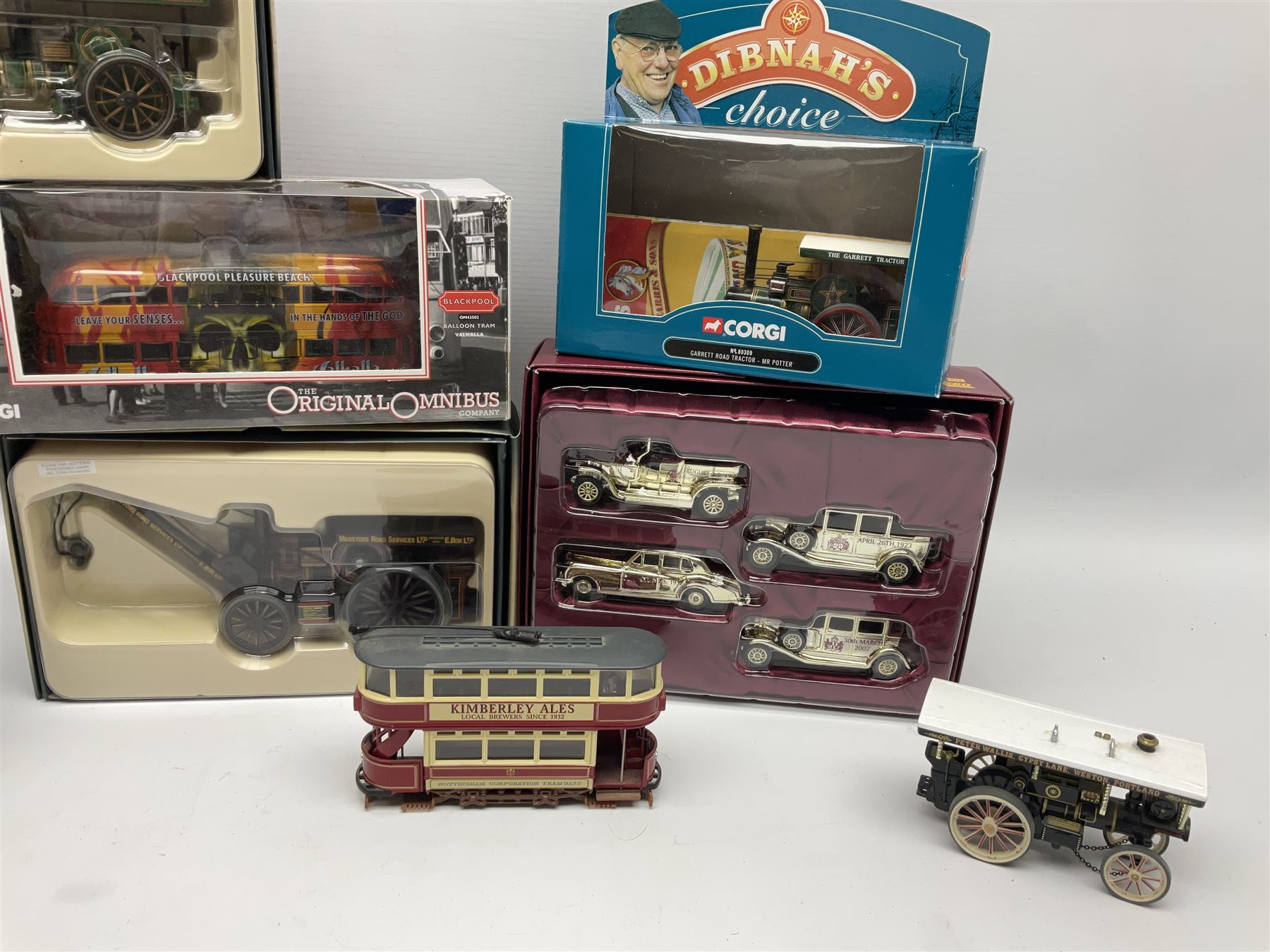 Two Corgi ‘Vintage Glory of Steam’ models, ‘Blackpool Balloon Tram’ and ‘Garrett Road Tractor’ models, all boxed, two further Corgi models, Lledo The Queen Mother commemorative set, etc 