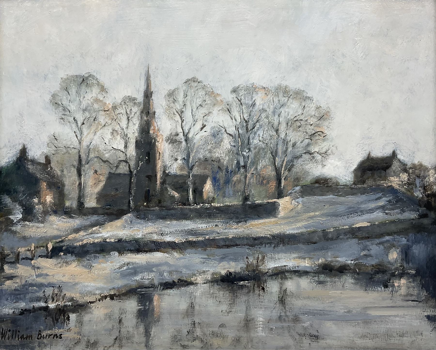 William Burns (Northern British 1923-2010): 'Winter Scene', oil on board signed, titled verso 40cm x 50cm Provenance: Direct from the family of the artist.
Notes: Born in Sheffield in 1923, William Burns RIBA FSAI FRSA studied at the Sheffield College of Art before the outbreak of the Second World War, during which he helped illustrate the official War Diaries for the North Africa Campaign, and was elected a member of the Armed Forces Art Society. On his return, he studied architecture at Sheffield University and later ran his own successful practice, being a member of the Royal Institute of British Architects. However, painting had always been his self-confessed 'first love', and in the 1970s he gave up architecture to become a full-time artist, having his first one-man exhibition in 1979.