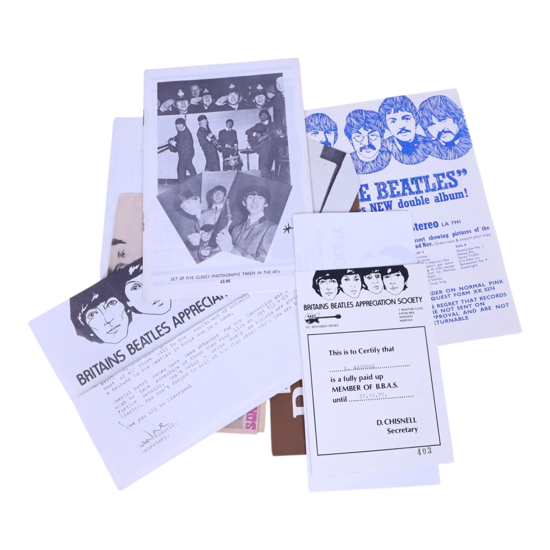 Beatles Fan Club ephemera, comprising The Official Beatles Fan Club welcome letter and letter regarding the bands separation, Britains Beatles Appreciation Society welcome letters, booklets and magazines nos. 1 to 4, Liverpool 1977 Beatles Convention flyer, etc