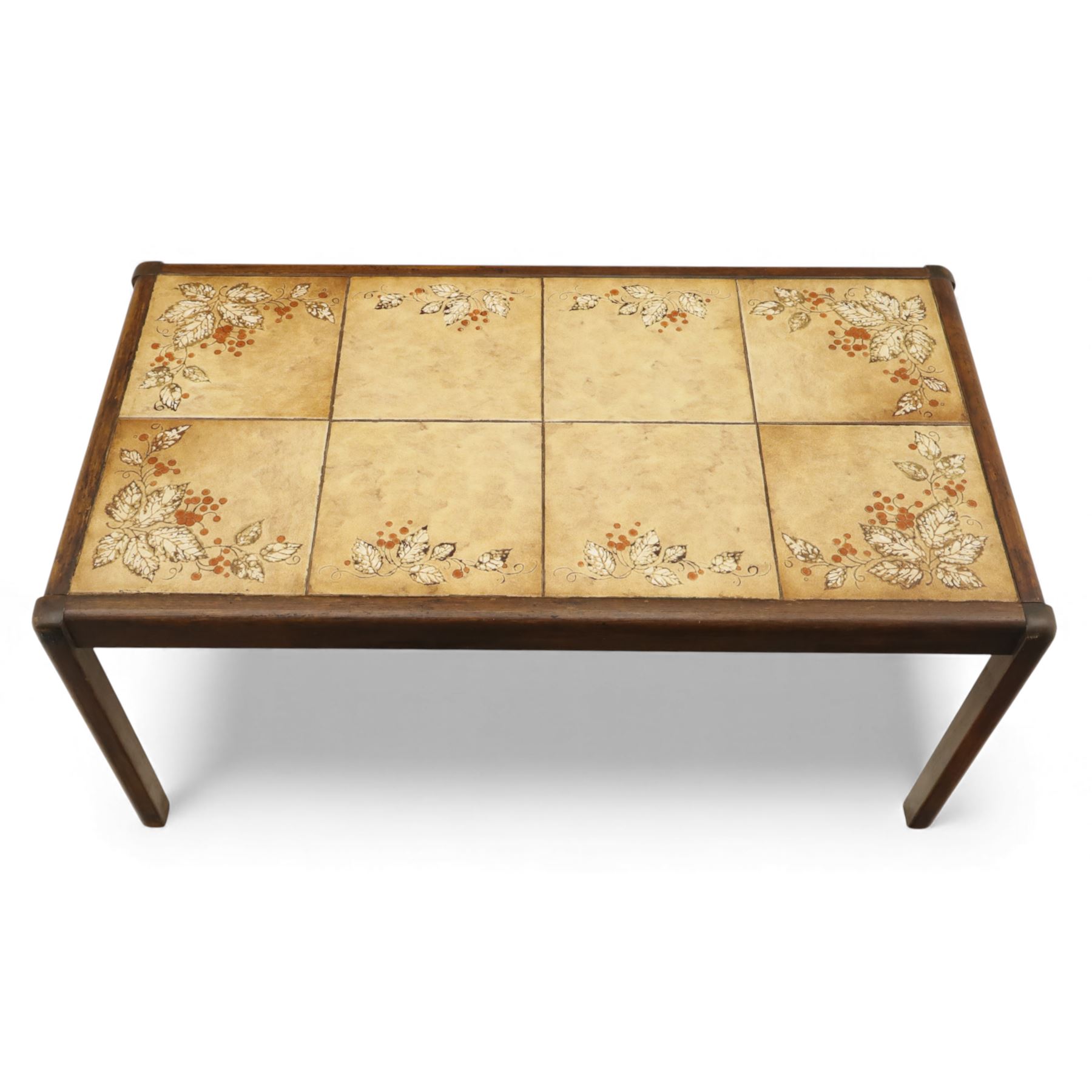 Mid 20th century living room furniture, comprising of a pair of Nathan teak dining chairs, each with curved open backrests and shaped seats, together with a Danish teak coffee table, rectangular top inset with decorative ceramic tiles, on square tapered supports
Chairs (H 73cm, W 48cm)
Table (H 41cm, W 81cm, D 47cm)