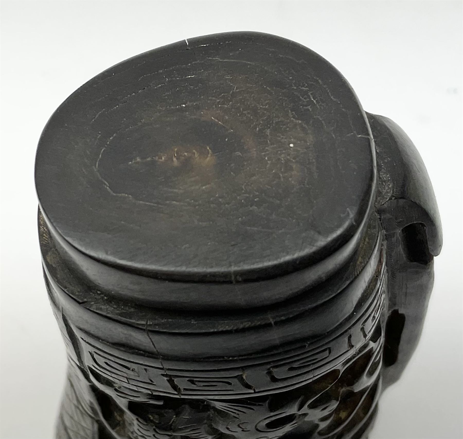 Chinese horn blood collection cup, carved with dragons and key fret border, H9.5cm