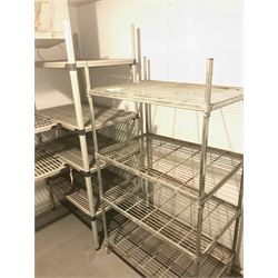 Metal four tier shelving racking x 3, plastic racking and shelving- LOT SUBJECT TO VAT ON THE HAMMER PRICE - To be collected by appointment from The Ambassador Hotel, 36-38 Esplanade, Scarborough YO11 2AY. ALL GOODS MUST BE REMOVED BY WEDNESDAY 15TH JUNE.