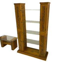 Chinese style tall Hi-Fi unit with four glass shelves, and matching glass topped coffee table