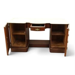 Victorian mahogany pedestal dressing table, shaped white marble top over central frieze drawer, flanked by two pedestal cupboards with four dummy drawer fronts and ornate brass handles, recessed kneehole with platform base, on plinth supports