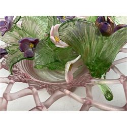 Murano style pick lattice glass basket, with detachable glass flowers