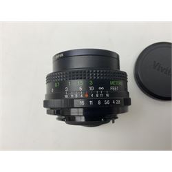 Olympus OM-1 camera body, serial no 913212, with 'Olympus OM-System F.Zuiko Auto-S 1:1.8 f=50mm' lens, serial no.74374, 'Vivitar wide angle MC 28mm 1:2.8 49mm' lens, serial no. 42042268, and Olympus OM winder 2