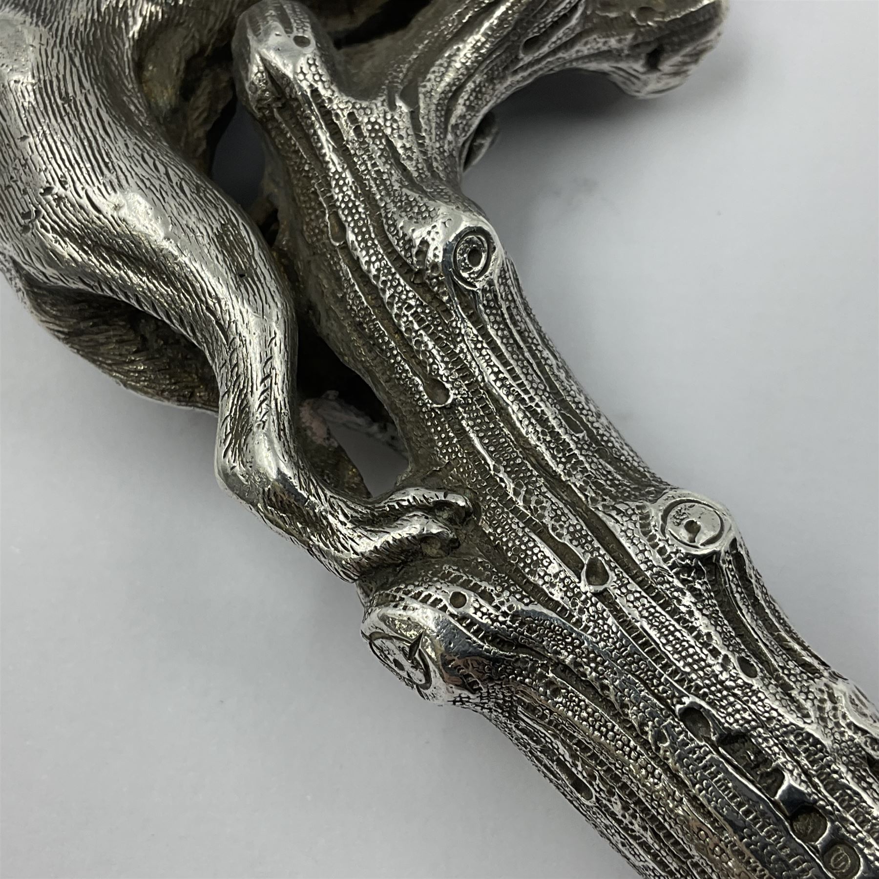 Victorian silver walking cane handle, modelled as a panther upon a tree branch, hallmarked London 1851, maker's mark worn and indistict