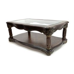 Kevin Charles American walnut rectangular serpentine coffee table , inset glass top, carved column supports joined by undertier 
