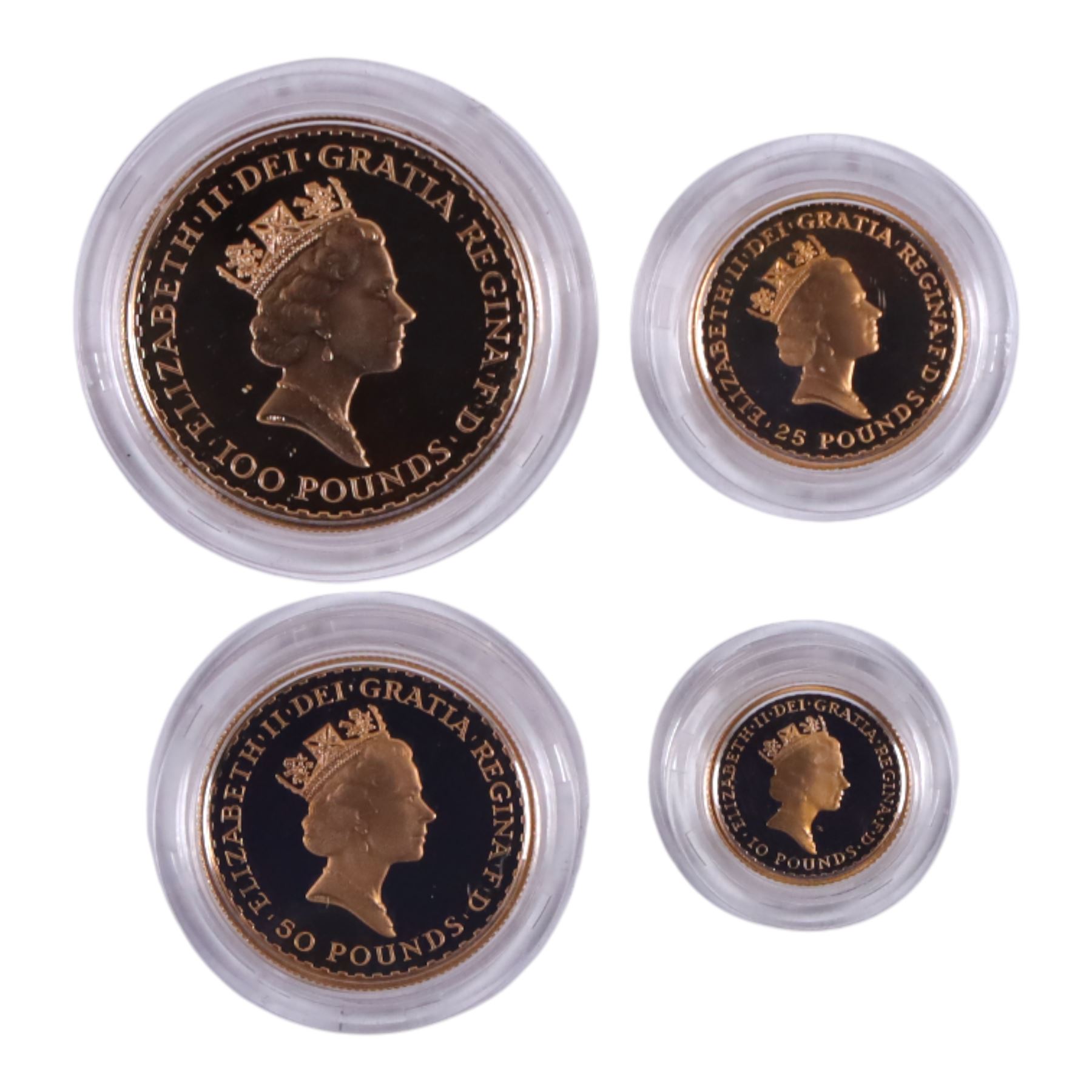 Queen Elizabeth II 1989 gold proof Britannia four coin set, one hundred pound to ten pound, cased with certificate