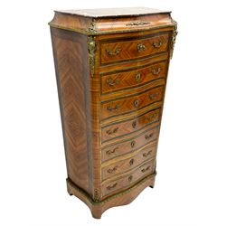 Mid-20th century Louis XVI design Kingwood and walnut secretaire à Abattant, shaped serpentine form with dark rouge variegated marble top, the fall front disguised as three drawers enclosing birdseye maple interior with shelf, drawers and writing surface, four functioning drawers below, decorated with cast gilt metal mouldings and mask cartouches, on skirted base with egg and dart moulded gilt metal edge