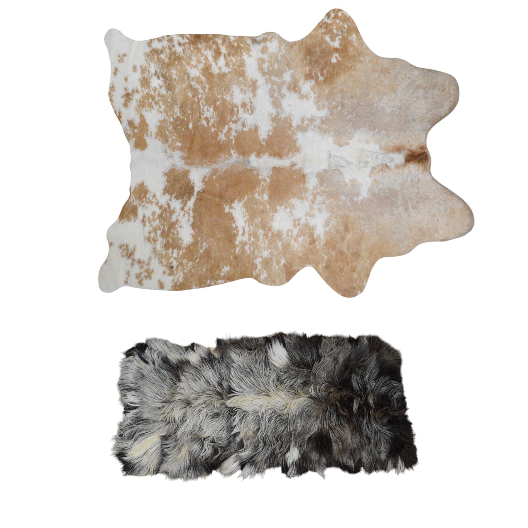 Skins/Hides: cow hide with brown and white dappled pattern together with another hide, possibly Mongolian goat