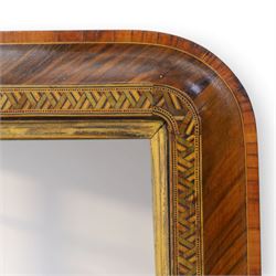 Victorian Tunbridge ware rectangular wall mirror, the moulded frame with rounded upper corners, veneered in figured walnut with geometric mosaic banding, enclosing a plain rectangular mirror plate, on projecting lower rail