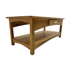 Light oak rectangular coffee table, fitted with drawer and undertier