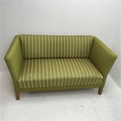 Mid century oak framed two seat settee upholstered in chartreuse striped fabric, square supports, W145cm 