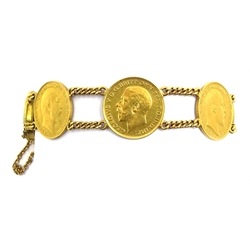  Seven gold half sovereign bracelet, with 18ct gold (tested) interlinks and clasp  